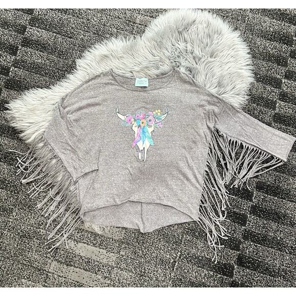Judith March Anthropology Steer Head Floral Fringe T Size Medium - Picture 1 of 4